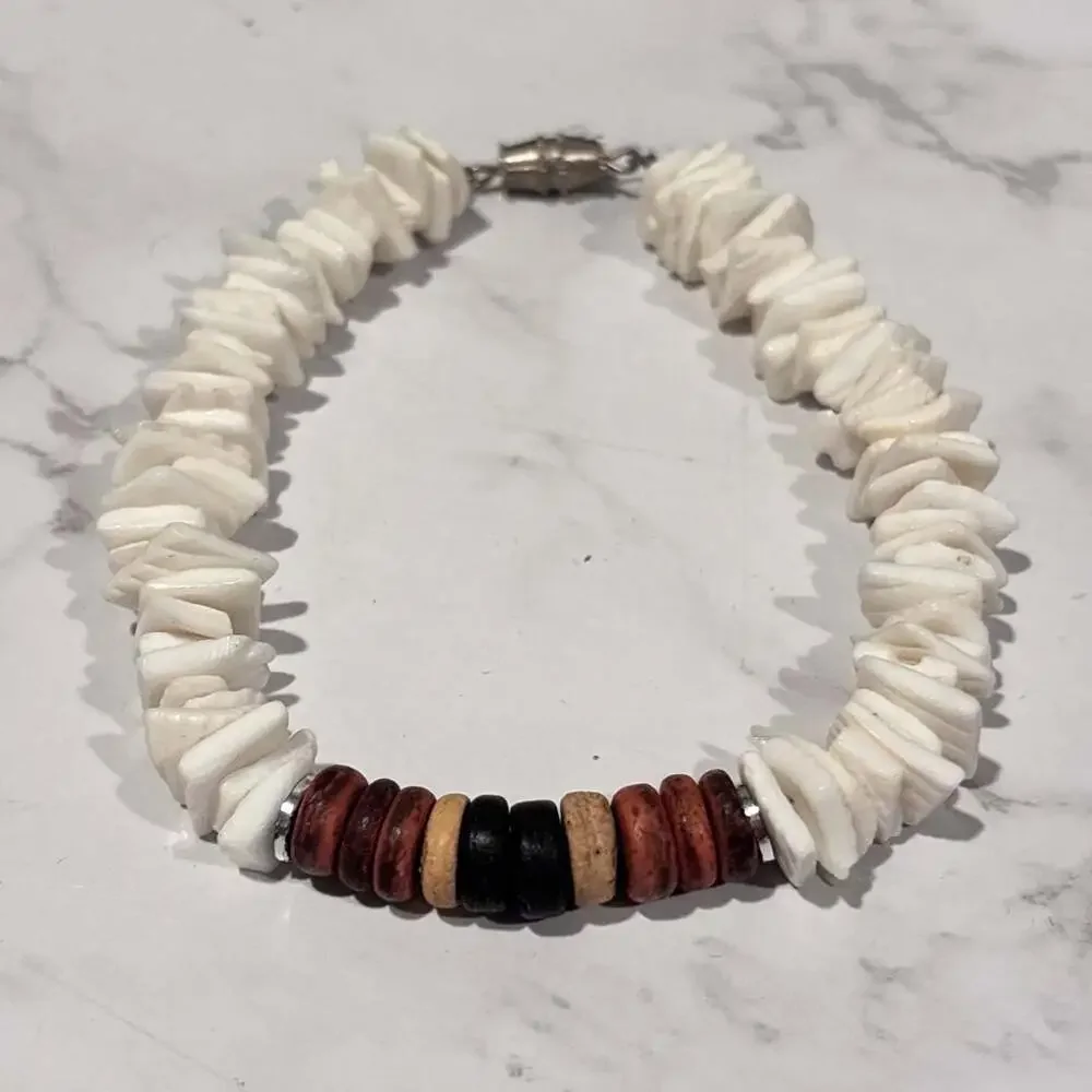 Handmade White Puka Shell Chip and Wood Bead Surfer Bracelet